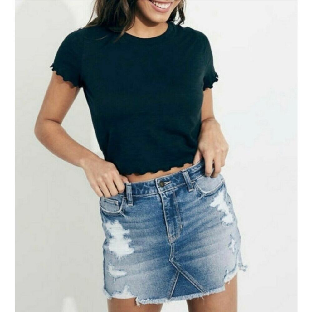 Hollister High Rise Vintage Stretch Blue Distressed Denim Skirt Size 27